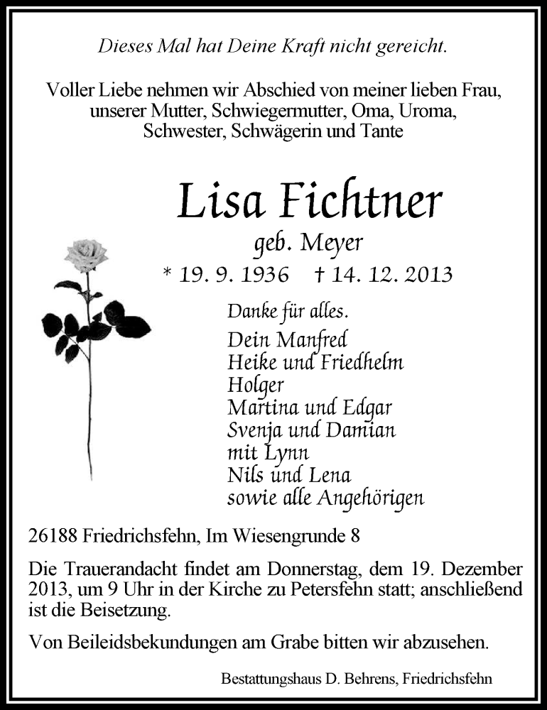  Traueranzeige für Lisa Fichtner vom 17.12.2013 aus Nordwest-Zeitung