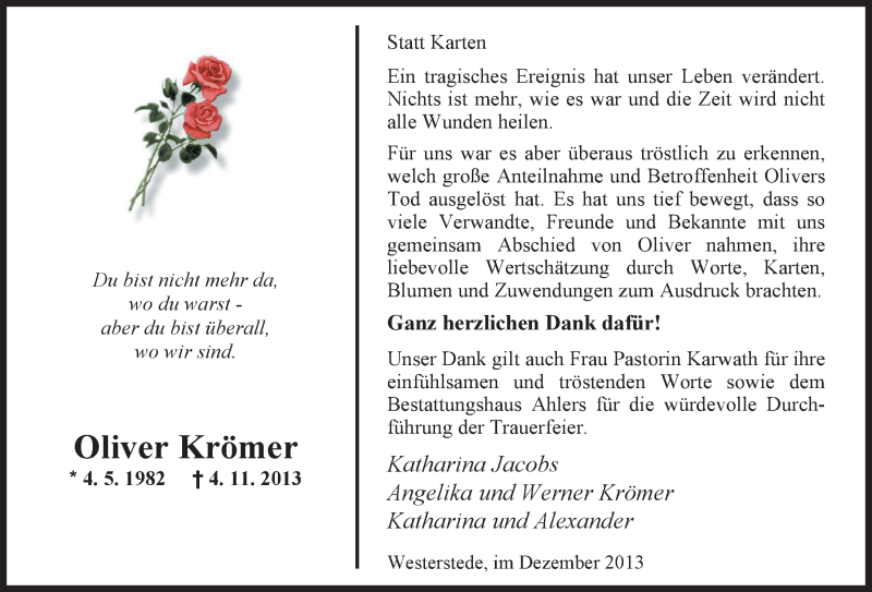  Traueranzeige für Oliver Krömer vom 21.12.2013 aus Nordwest-Zeitung