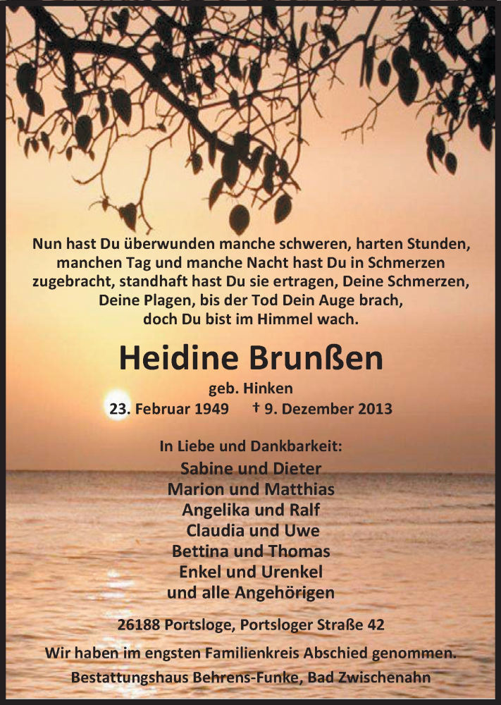  Traueranzeige für Heidine Brunßen vom 18.12.2013 aus Nordwest-Zeitung