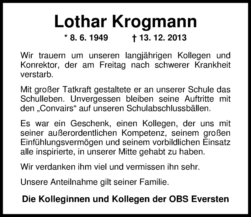  Traueranzeige für Lothar Krogmann vom 18.12.2013 aus Nordwest-Zeitung