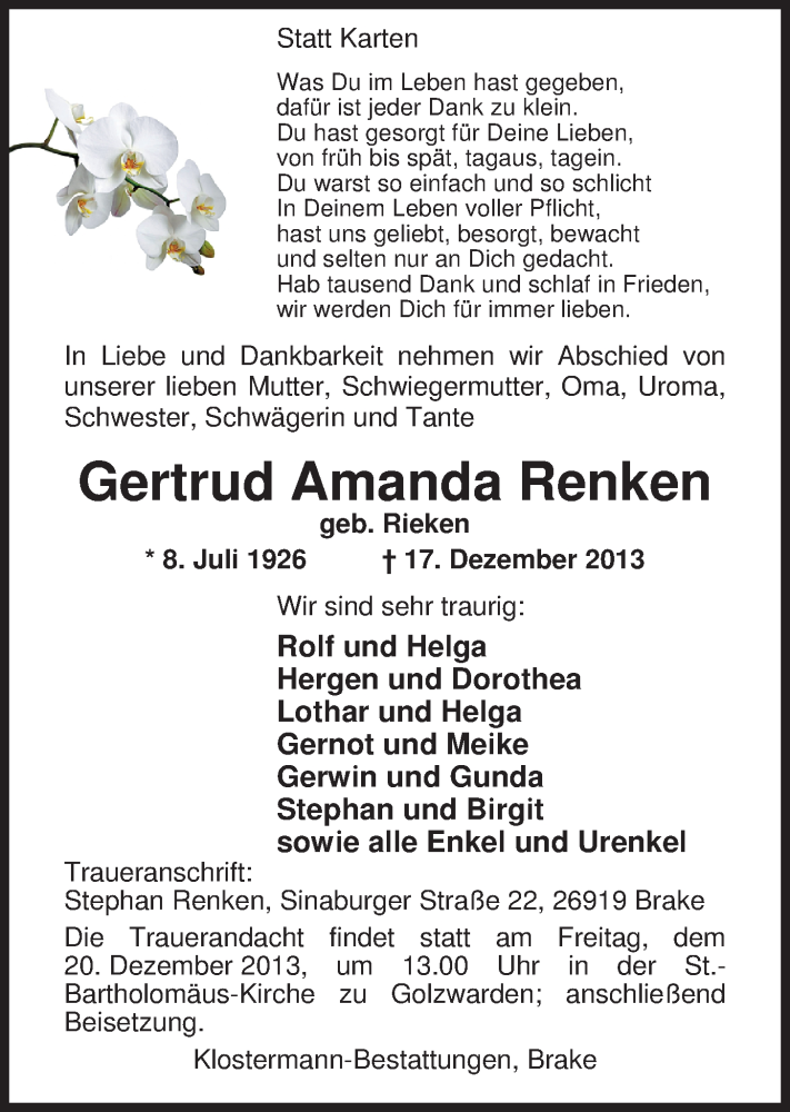  Traueranzeige für Gertrud Amanda Renken vom 18.12.2013 aus Nordwest-Zeitung