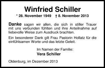 Traueranzeige von Winfried Schiller von Nordwest-Zeitung