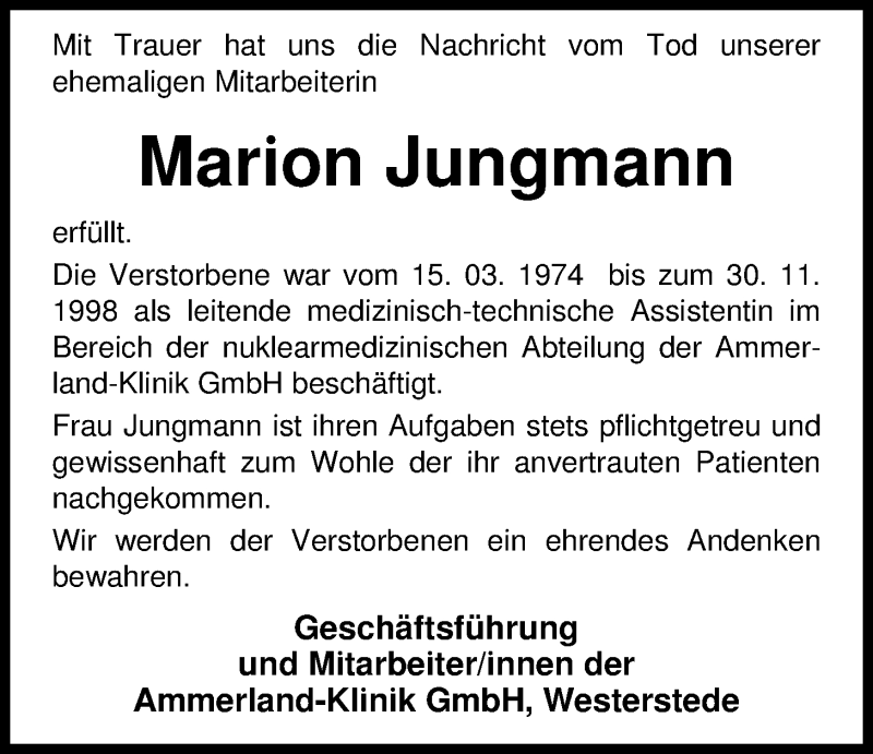  Traueranzeige für Marion Jungmann vom 28.07.2015 aus Nordwest-Zeitung