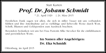 Traueranzeige von Prof. Dr. med. Johann Schmidt von Nordwest-Zeitung