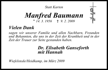 Traueranzeige von Manfred Baumann von Nordwest-Zeitung