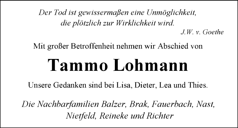  Traueranzeige für Tammo Lohmann vom 05.01.2015 aus Nordwest-Zeitung
