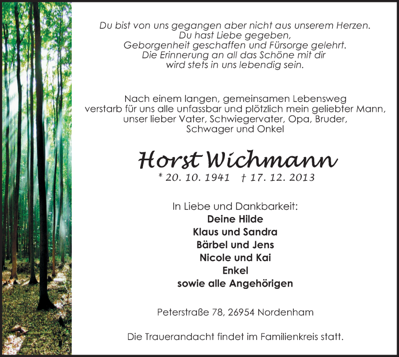  Traueranzeige für Horst Wichmann vom 19.12.2013 aus Nordwest-Zeitung