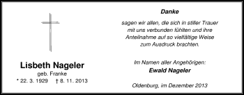Traueranzeige von Liesbeth Nageler von Nordwest-Zeitung