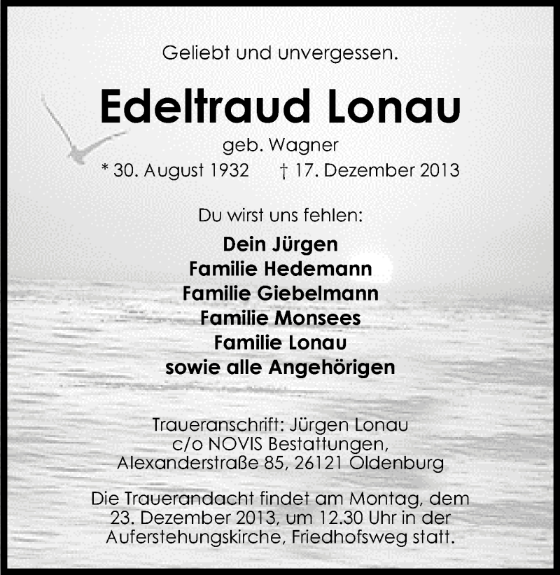  Traueranzeige für Edeltraud Lonau vom 21.12.2013 aus Nordwest-Zeitung
