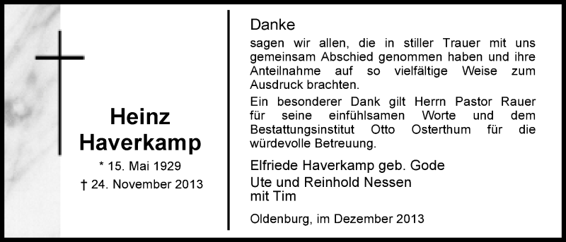  Traueranzeige für Heinz Haverkamp vom 28.12.2013 aus Nordwest-Zeitung