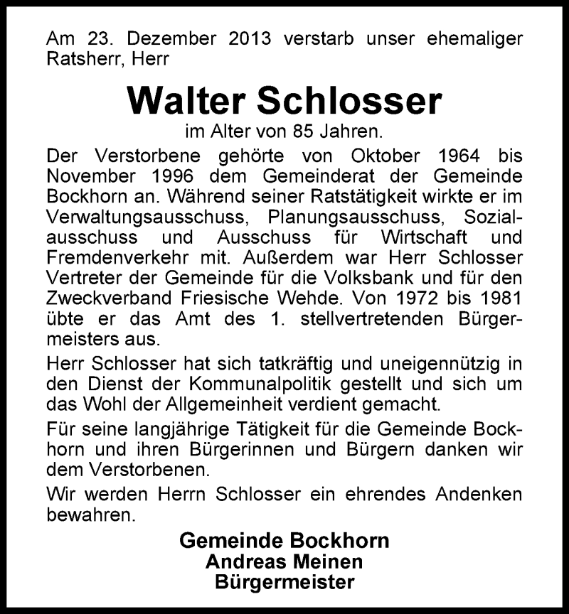  Traueranzeige für Walter Schlosser vom 28.12.2013 aus Nordwest-Zeitung