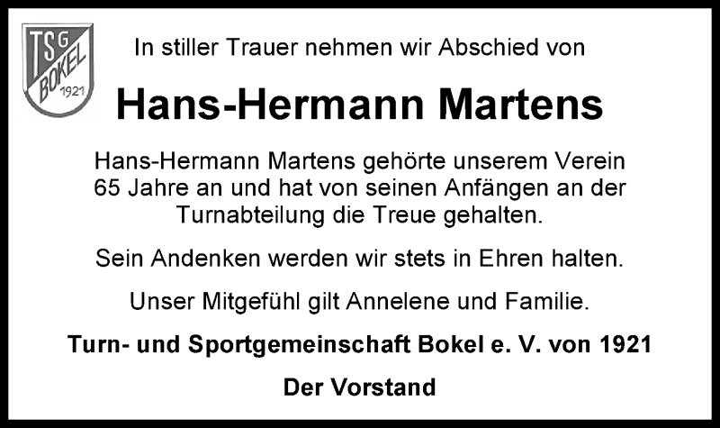  Traueranzeige für Hans-Hermann Martens vom 27.12.2013 aus Nordwest-Zeitung