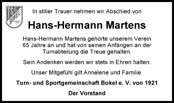 Traueranzeige von Hans-Hermann Martens von Nordwest-Zeitung