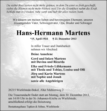 Traueranzeige von Hans-Hermann Martens von Nordwest-Zeitung