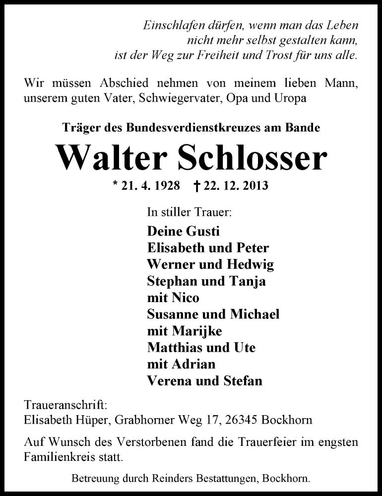  Traueranzeige für Walter Schlosser vom 28.12.2013 aus Nordwest-Zeitung