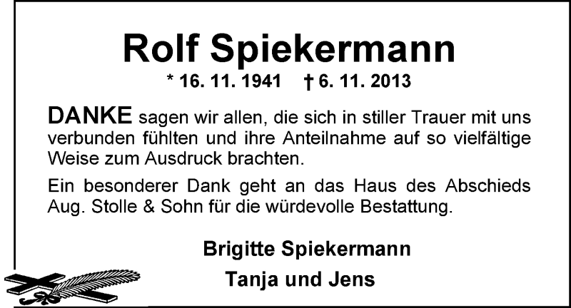  Traueranzeige für Rolf Spiekermann vom 28.12.2013 aus Nordwest-Zeitung