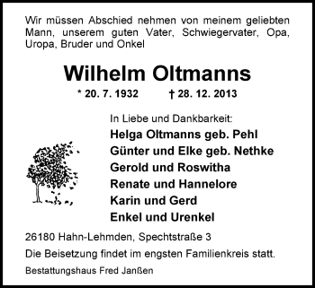 Traueranzeige von Wilhelm Oltmanns von Nordwest-Zeitung