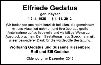 Traueranzeige von Elfriede Gedatus von Nordwest-Zeitung