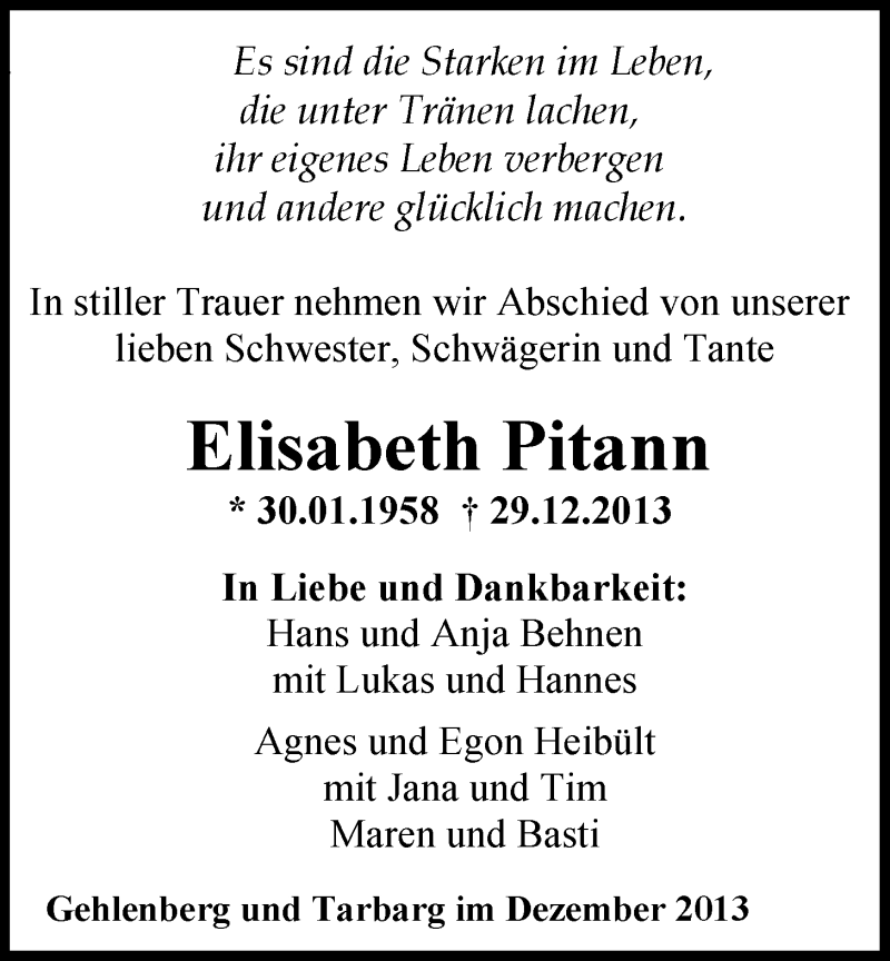  Traueranzeige für Elisabeth Pitann vom 02.01.2014 aus Nordwest-Zeitung