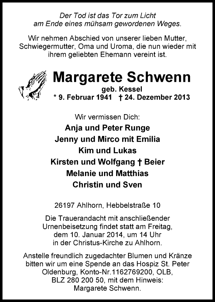 Traueranzeige für Margarete Schwenn vom 04.01.2014 aus Nordwest-Zeitung