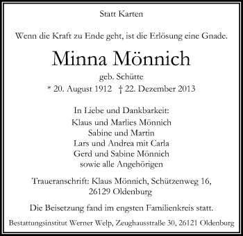Traueranzeige von Minna Mönnich von Nordwest-Zeitung