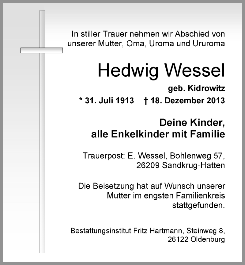  Traueranzeige für Hedwig Wessel vom 11.01.2014 aus Nordwest-Zeitung