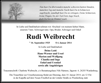 Traueranzeige von Rudi Weibrecht von Nordwest-Zeitung