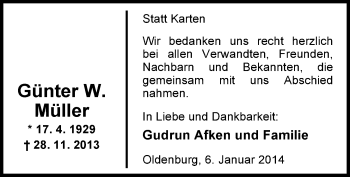 Traueranzeige von Günter Müller von Nordwest-Zeitung