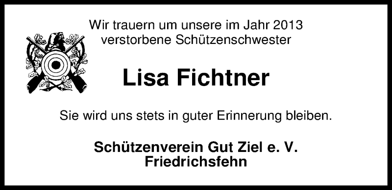  Traueranzeige für Lisa Fichtner vom 08.01.2014 aus Nordwest-Zeitung