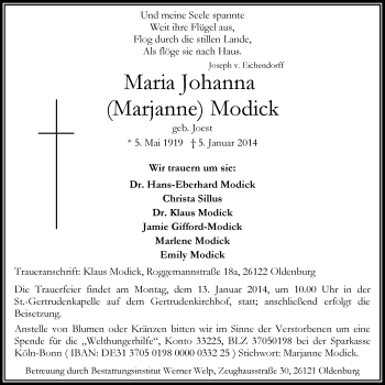 Traueranzeige von Maria Johanna Modick von Nordwest-Zeitung