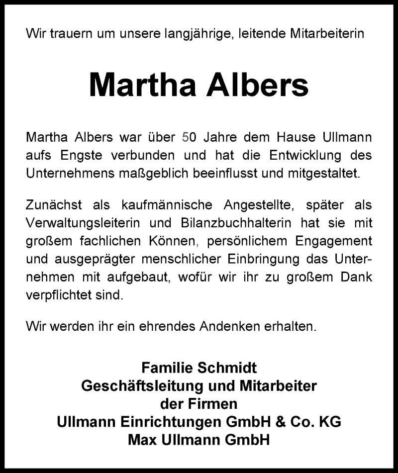  Traueranzeige für Martha Helene Albers vom 08.01.2014 aus Nordwest-Zeitung