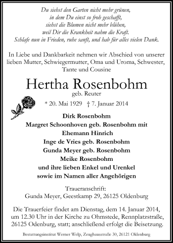 Traueranzeige von Hertha Rosenbohm von Nordwest-Zeitung