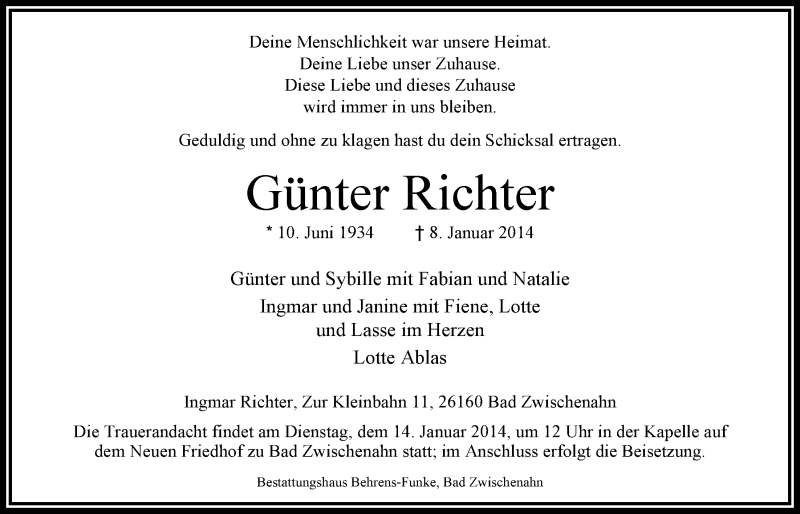  Traueranzeige für Günter Richter vom 11.01.2014 aus Nordwest-Zeitung