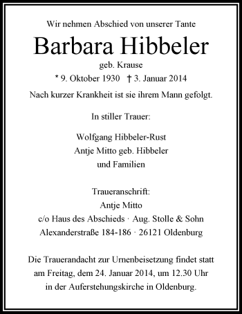 Traueranzeige von Barbara Hibbeler von Nordwest-Zeitung