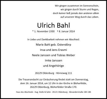 Traueranzeige von Ulrich Bahl von Nordwest-Zeitung