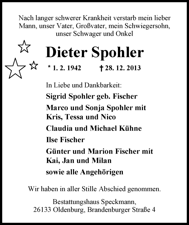  Traueranzeige für Dieter Spohler vom 11.01.2014 aus Nordwest-Zeitung