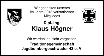 Traueranzeige von Klaus Högner von Nordwest-Zeitung
