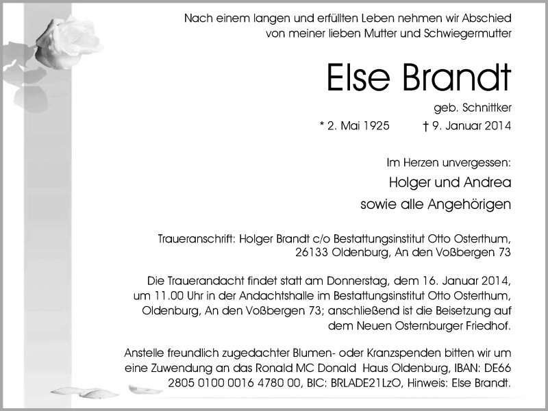 Traueranzeigen Von Else Brandt | Nordwest-trauer.de