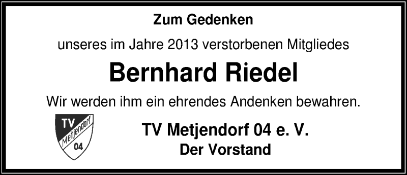  Traueranzeige für Bernhard Riedel vom 15.01.2014 aus Nordwest-Zeitung