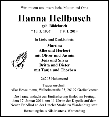 Traueranzeige von Hanna Hellbusch von Nordwest-Zeitung
