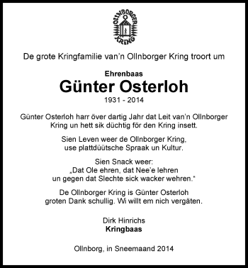 Traueranzeige von Günter Osterloh von Nordwest-Zeitung