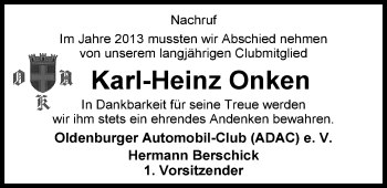 Traueranzeige von Karl-Heinz Onken von Nordwest-Zeitung