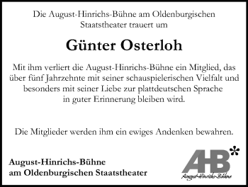 Traueranzeige von Günter Osterloh von Nordwest-Zeitung