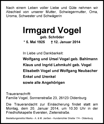 Traueranzeige von Irmgard Vogel von Nordwest-Zeitung