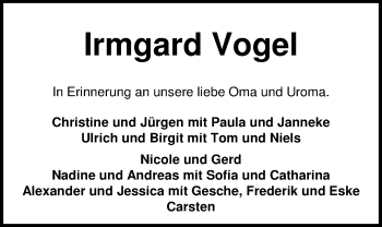 Traueranzeige von Irmgard Vogel von Nordwest-Zeitung