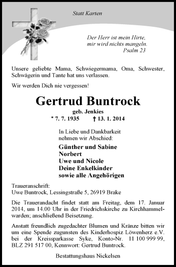 Traueranzeige von Gertrud Buntrock von Nordwest-Zeitung