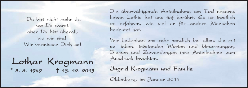  Traueranzeige für Lothar Krogmann vom 18.01.2014 aus Nordwest-Zeitung