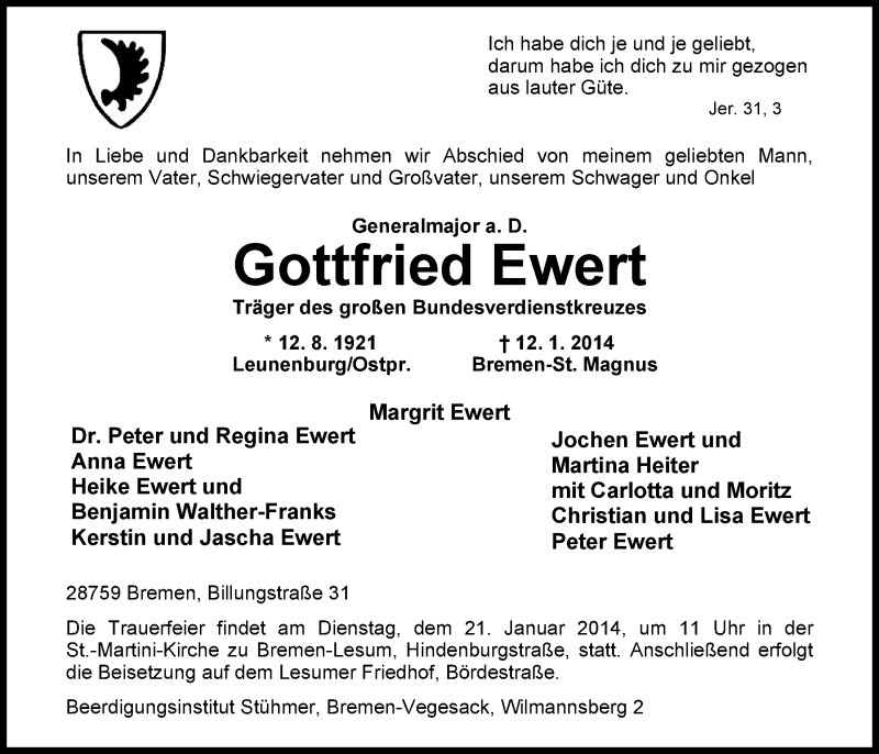  Traueranzeige für Gottfried Ewert vom 16.01.2014 aus Nordwest-Zeitung
