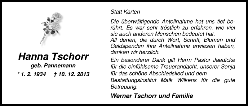  Traueranzeige für Hanna Tschorr vom 18.01.2014 aus Nordwest-Zeitung