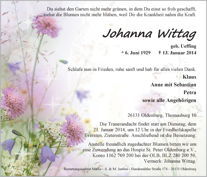  Traueranzeige für Johanna Wittag vom 17.01.2014 aus Nordwest-Zeitung